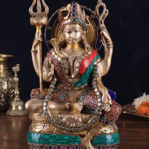 Brass Sitting Ardhanarishwara Statue | 9.5" x 6" x 3" | 4.5 kg | Stone Inlay Work | Shiva Parvati Divine Unity | Sacred Hindu Art | Jaipurio